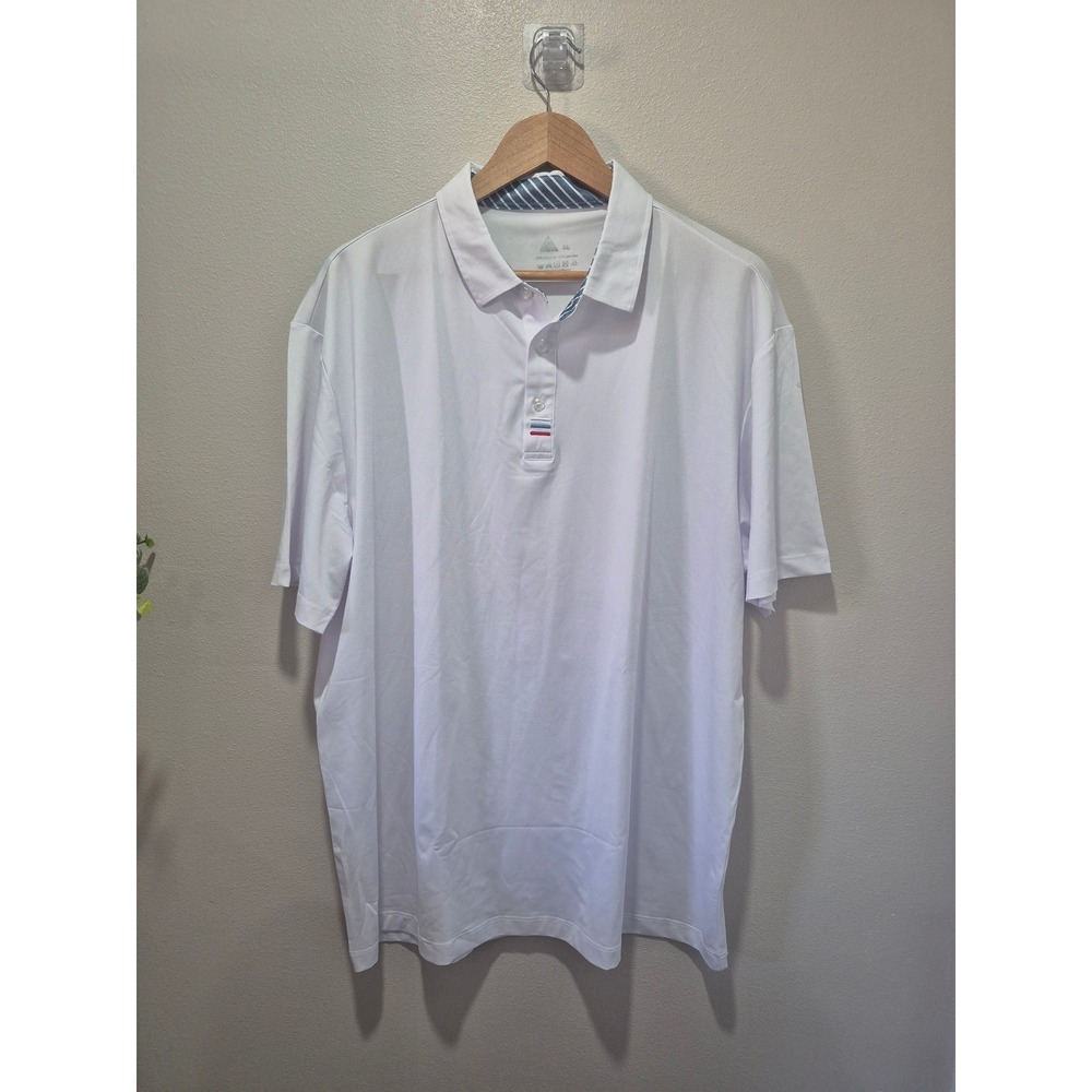 Mens White Performance Golf Polo Shirt XL Short Sleeve Striped Collar Trim